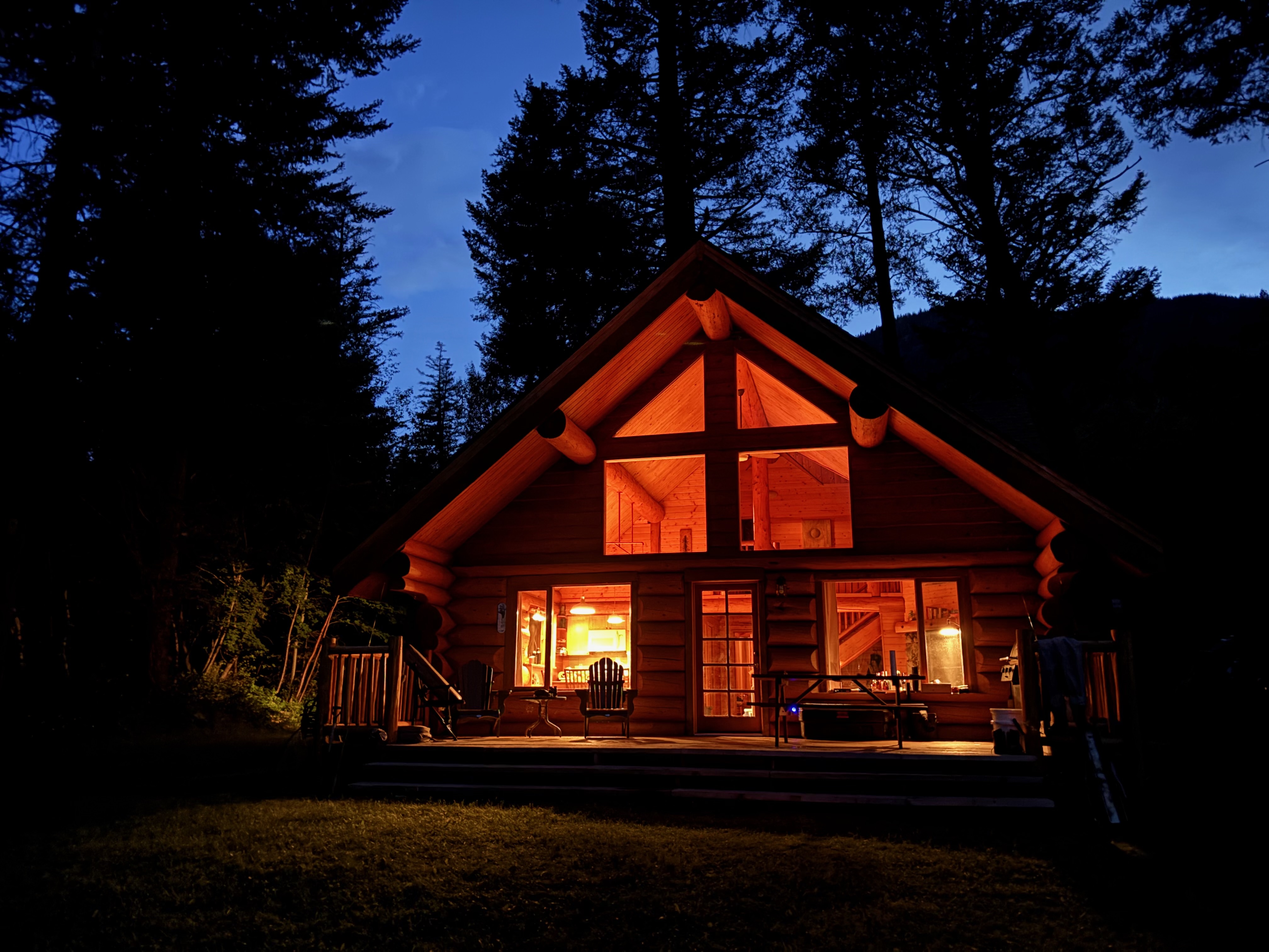 Chalet Nufer at Tyaughton Lake, lit at dusk